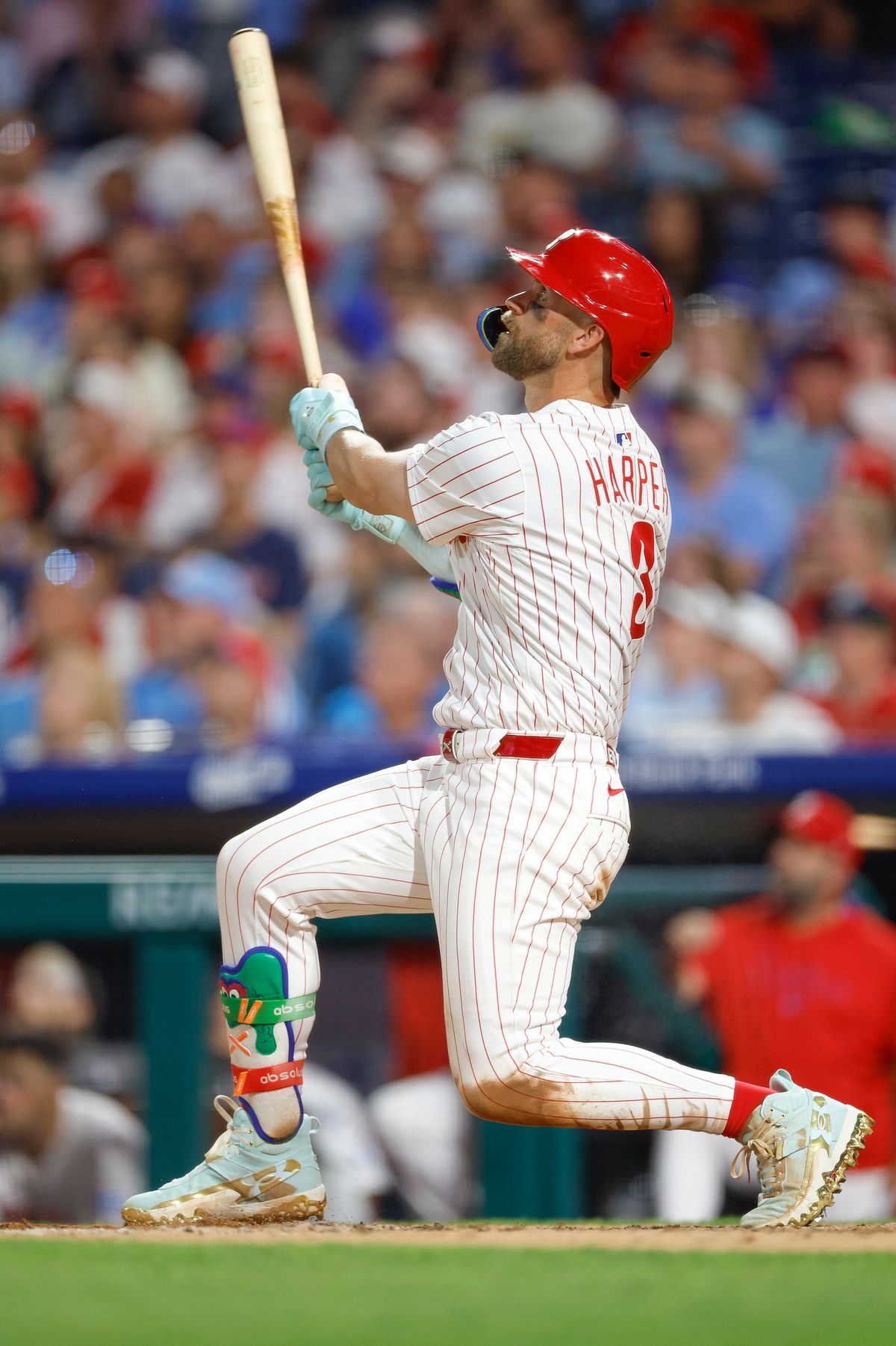 Bryce Harper #3 of the Philadelphia Phillies hits a home run during a game against the Los Angeles Angels at Citizens Bank Park on July 19, 2025, in Philadelphia, Pennsylvania.