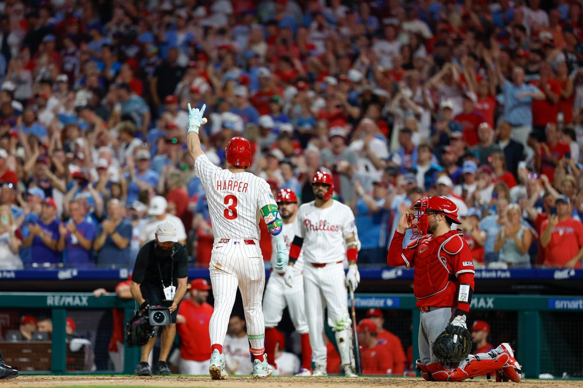 Bryce Harper #3 of the Philadelphia Phillies celebrates a home run during a game against the Los Angeles Angels at Citizens Bank Park on July 19, 2025, in Philadelphia, Pennsylvania. Bryce Harper #3 of the Philadelphia Phillies celebrates a home run during a game against the Los Angeles Angels at Citizens Bank Park on July 19, 2025, in Philadelphia, Pennsylvania.
