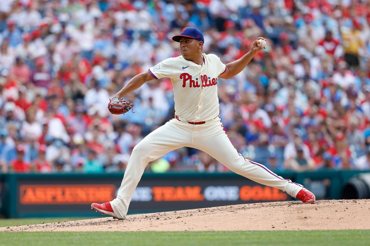 Ranger Suarez #55 of the Philadelphia Phillies throws a pitch during a game against the Los Angeles Angels at Citizens Bank Park on July 19, 2025, in Philadelphia, Pennsylvania.