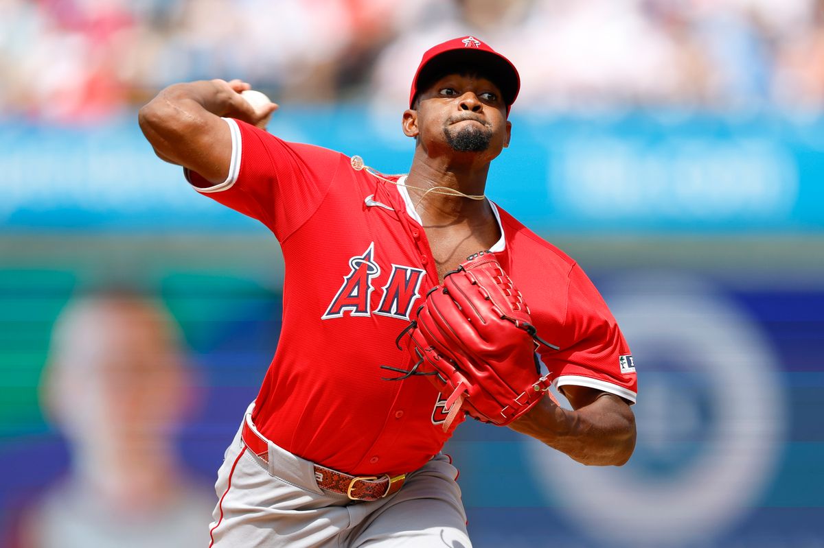 Jose Soriano #59 of the Los Angeles Angels throws a pitch during a game against the Philadelphia Phillies at Citizens Bank Park on July 19, 2025, in Philadelphia, Pennsylvania.