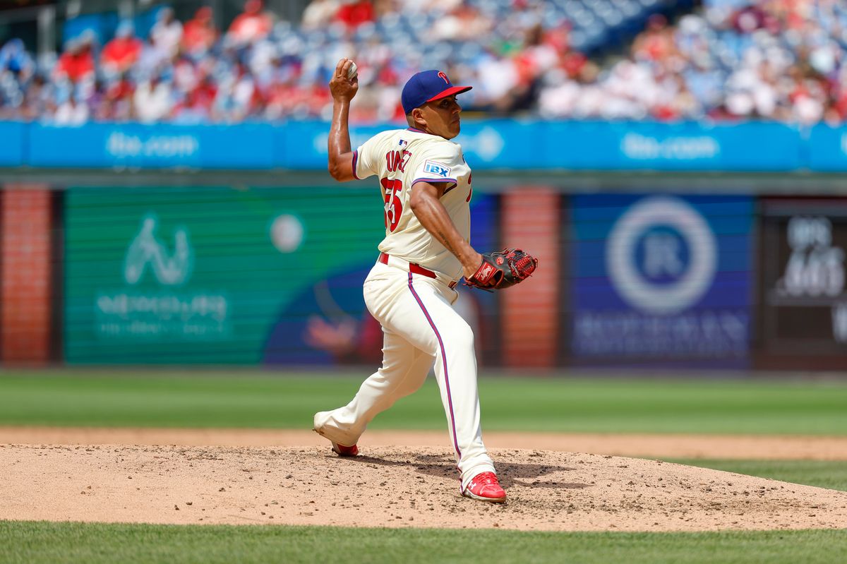 Ranger Suarez #55 of the Philadelphia Phillies throws a pitch during a game against the Los Angeles Angels at Citizens Bank Park on July 19, 2025, in Philadelphia, Pennsylvania.
