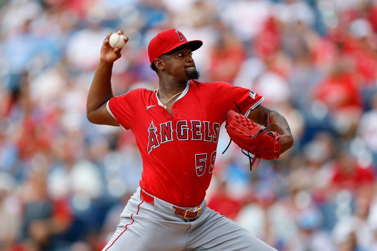 Jose Soriano #59 of the Los Angeles Angels throws a pitch during a game against the Philadelphia Phillies at Citizens Bank Park on July 19, 2025, in Philadelphia, Pennsylvania.