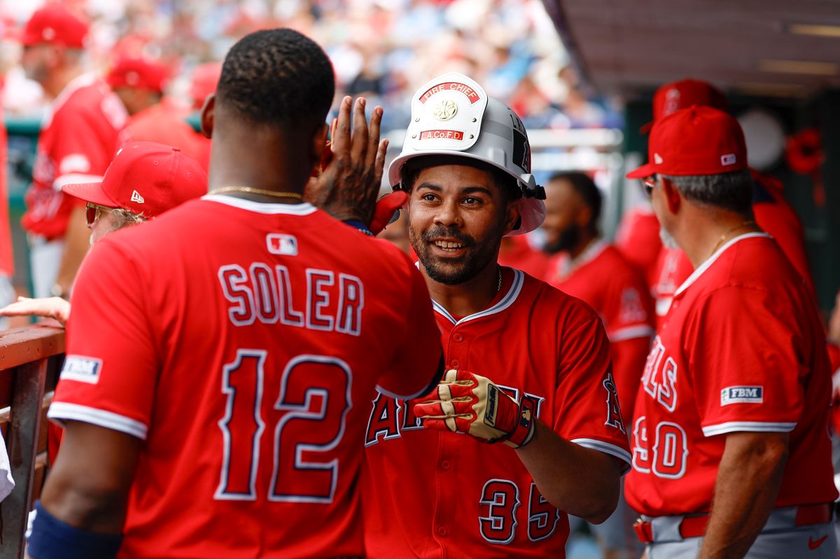 LaMonte Wade Jr. #35 of the Los Angeles Angels celebrates after a home run during a game against the Philadelphia Phillies at Citizens Bank Park on July 19, 2025, in Philadelphia, Pennsylvania.