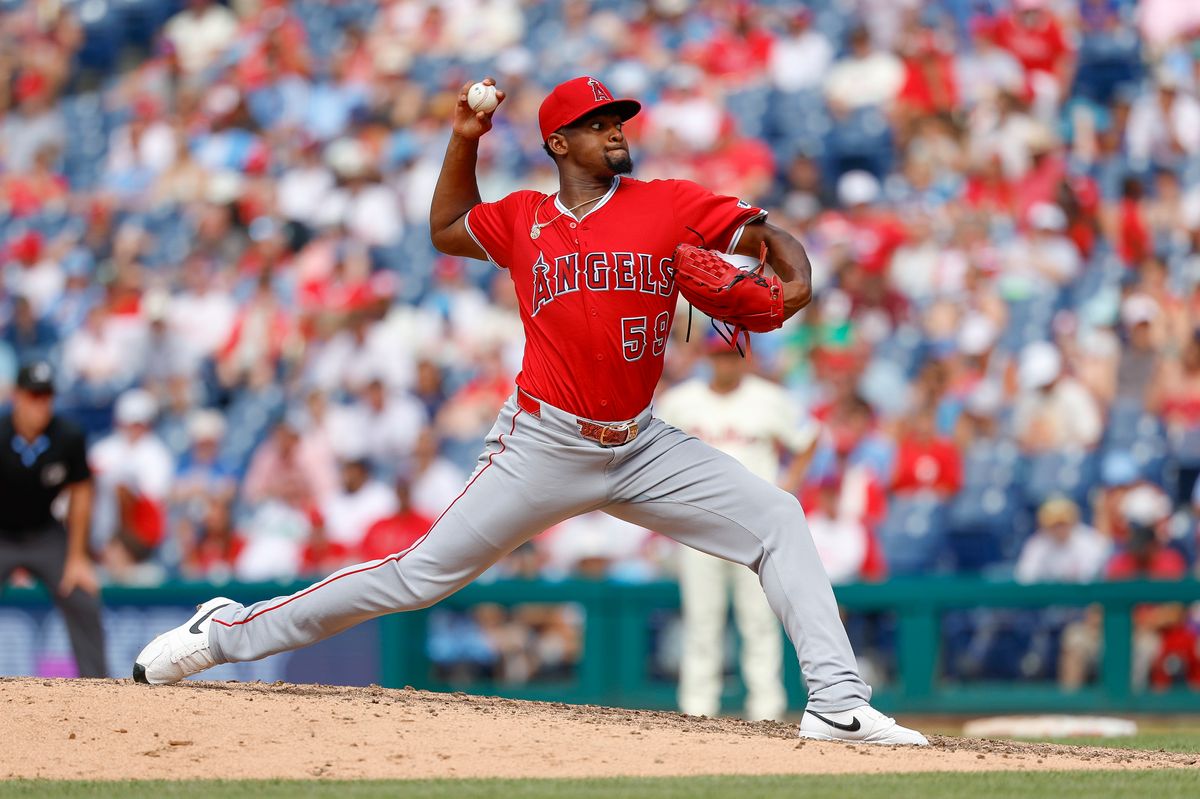 Jose Soriano #59 of the Los Angeles Angels throws a pitch during a game against the Philadelphia Phillies at Citizens Bank Park on July 19, 2025, in Philadelphia, Pennsylvania.