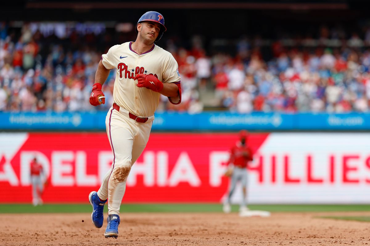 Otto Kemp #4 of the Philadelphia Phillies rounds the bases after hitting a home run during a game against the Los Angeles Angels at Citizens Bank Park on July 19, 2025, in Philadelphia, Pennsylvania.