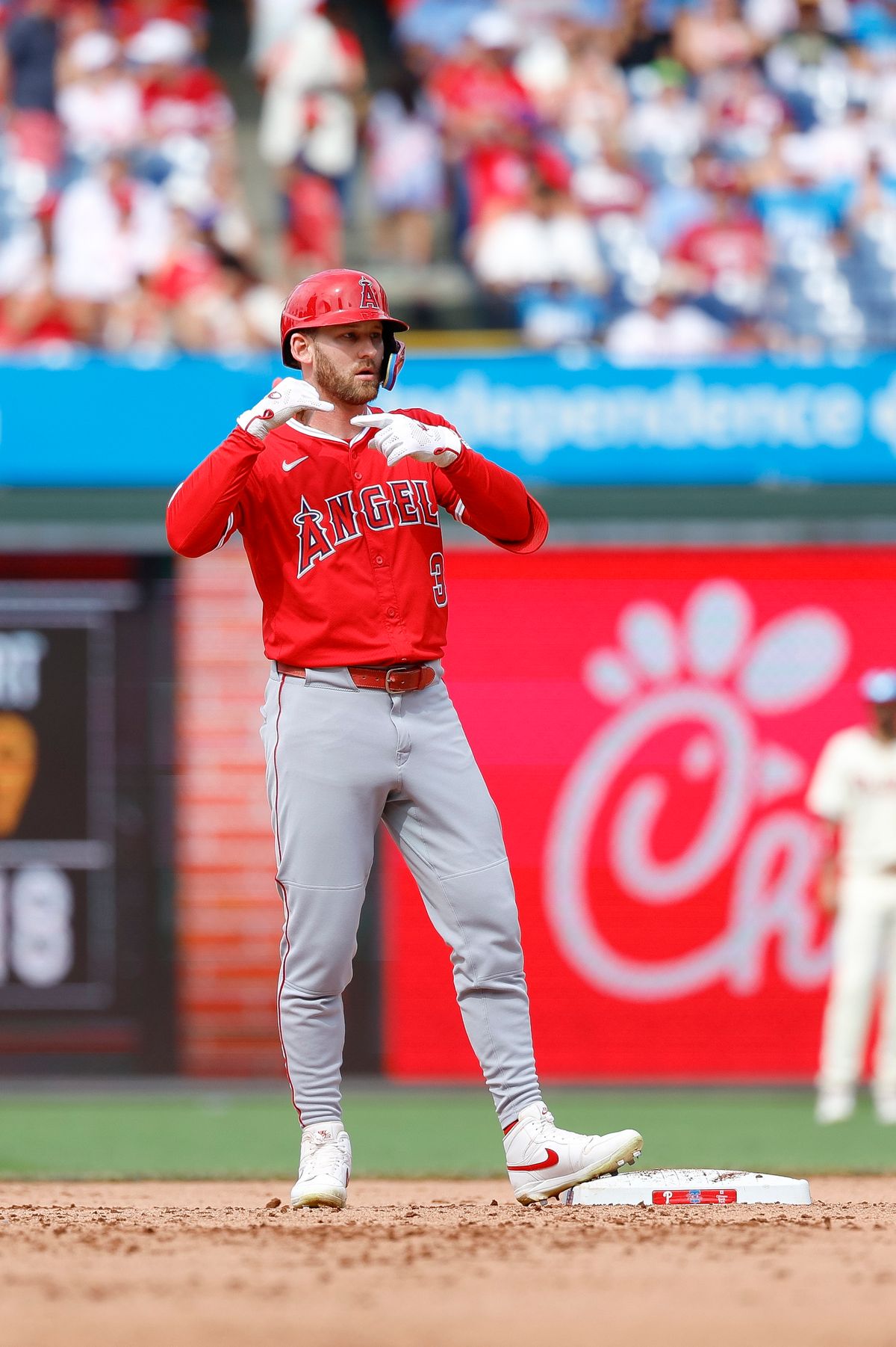 Taylor Ward #3 of the Los Angeles Angels celebrates after hitting a two-run double during a game against the Philadelphia Phillies at Citizens Bank Park on July 19, 2025, in Philadelphia, Pennsylvania.