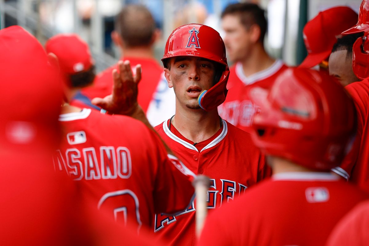 Zach Neto #9 of the Los Angeles Angels celebrates after scoring a run during a game against the Philadelphia Phillies at Citizens Bank Park on July 19, 2025, in Philadelphia, Pennsylvania.