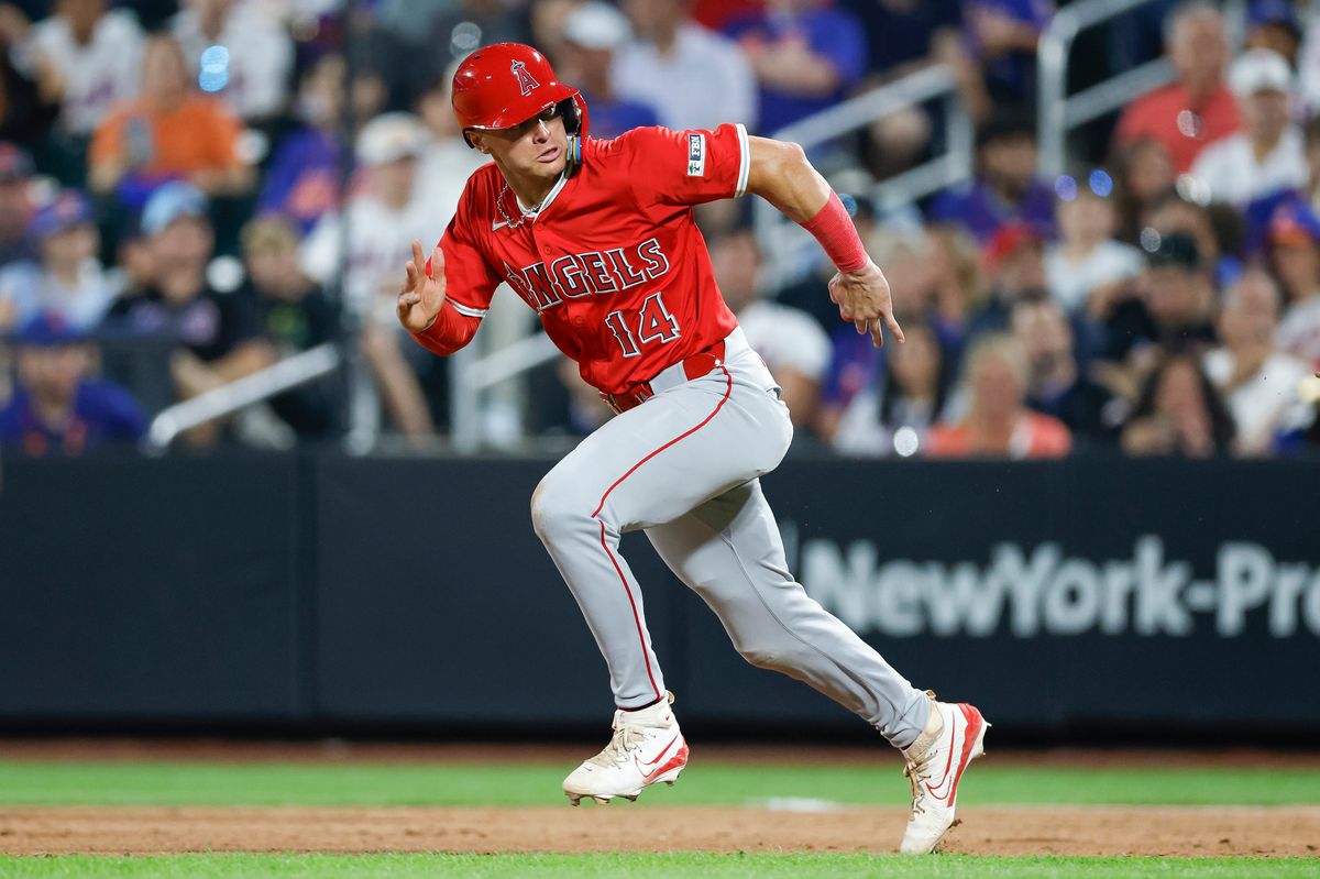Logan O'Hoppe #14 of the Los Angeles Angels runs to second base against the New York Mets at Citi Field on July 21, 2025 in Flushing, NY.