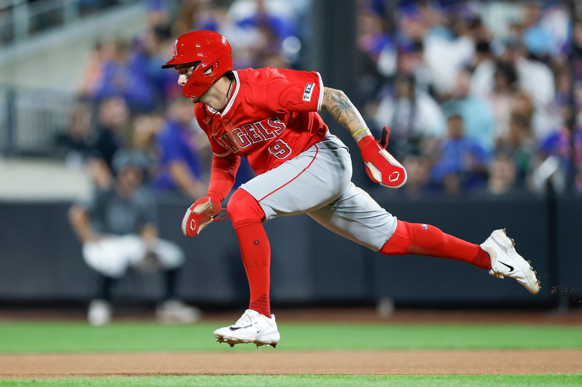 Zach Neto #9 of the Los Angeles Angels dives into second base against the New York Mets at Citi Field on July 21, 2025 in Flushing, NY.