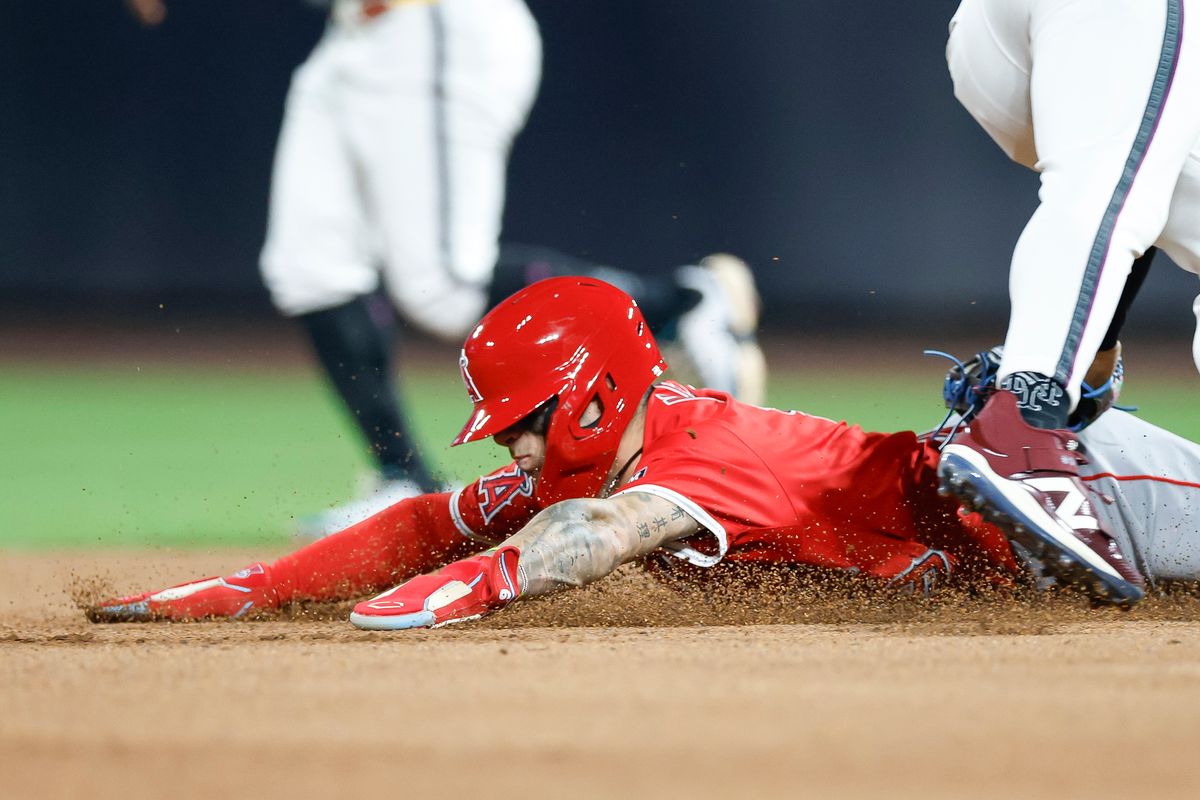 Zach Neto #9 of the Los Angeles Angels is tagged out on a stolen base attempt against the New York Mets at Citi Field on July 21, 2025 in Flushing, NY.