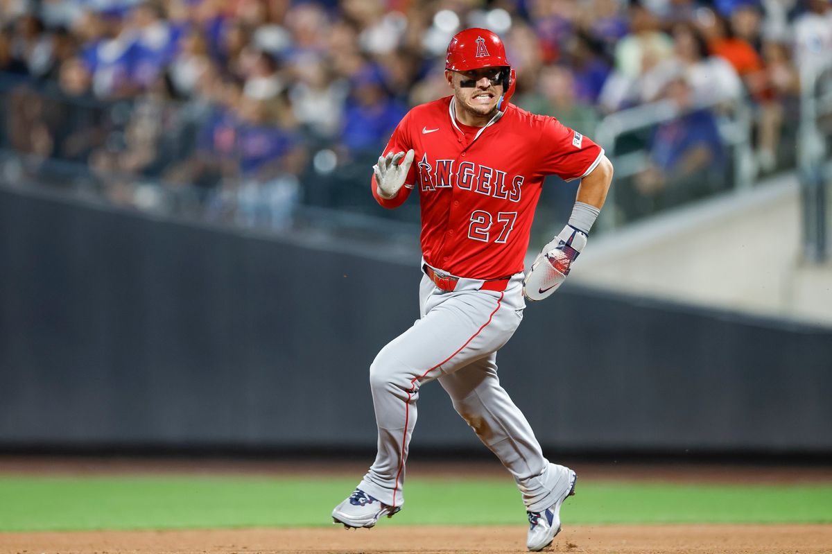 Mike Trout #27 of the Los Angeles Angels runs the bases against the New York Mets at Citi Field on July 21, 2025 in Flushing, NY.