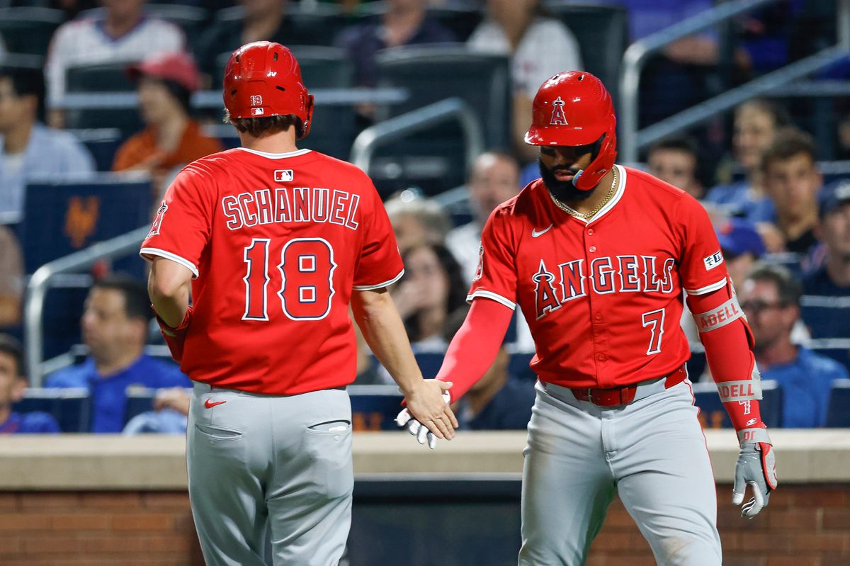 Nolan Schanuel #18 of the Los Angeles Angels celebrates after scoring a run against the New York Mets at Citi Field on July 21, 2025 in Flushing, NY.