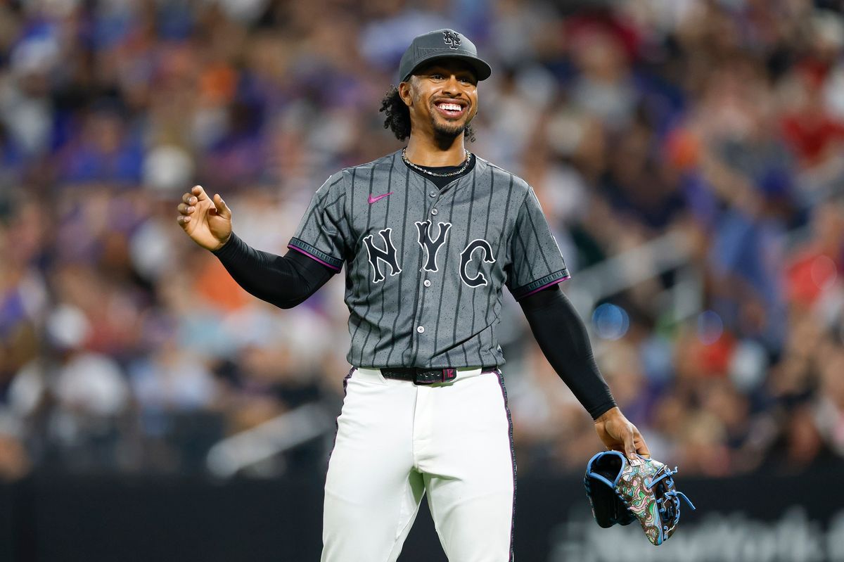 Francisco Lindor #12 of the New York Mets smiles in a game against the Los Angeles Angels at Citi Field on July 21, 2025 in Flushing, NY.