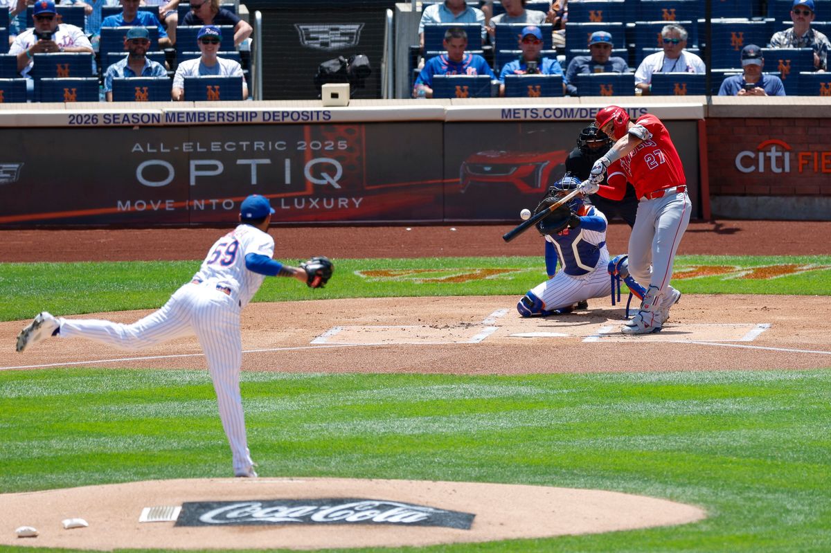 Mike Trout #27 of the Los Angeles Angels swings the bat against the New York Mets at Citi Field on July 23, 2025 in Flushing, NY.