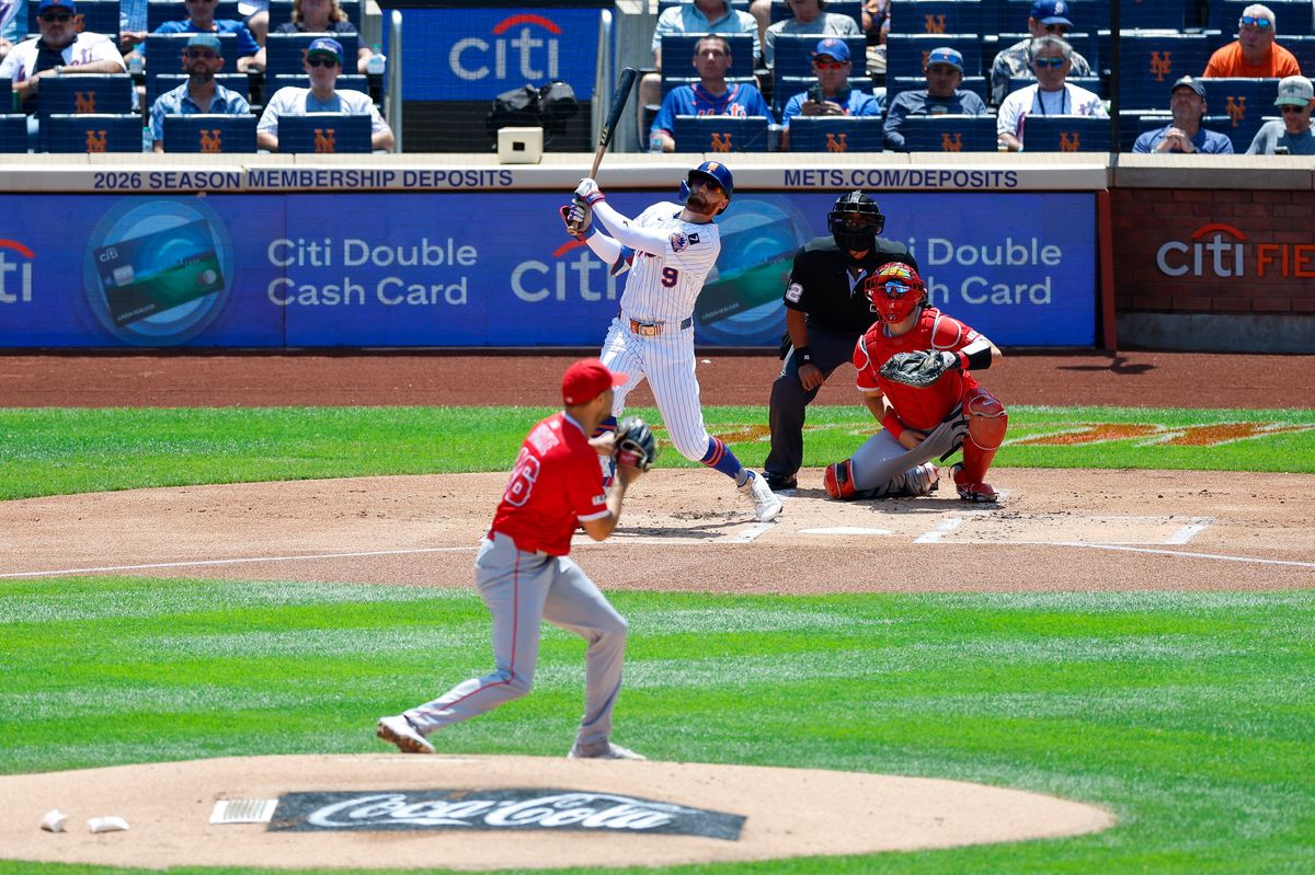 Brandon Nimmo #9 of the New York Mets hits a home run against the Los Angeles Angels at Citi Field on July 23, 2025 in Flushing, NY.