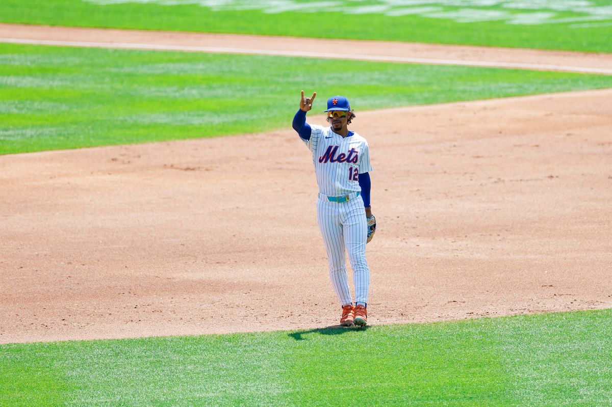 Francisco Lindor #12 of the New York Mets gestures against the Los Angeles Angels at Citi Field on July 23, 2025 in Flushing, NY.