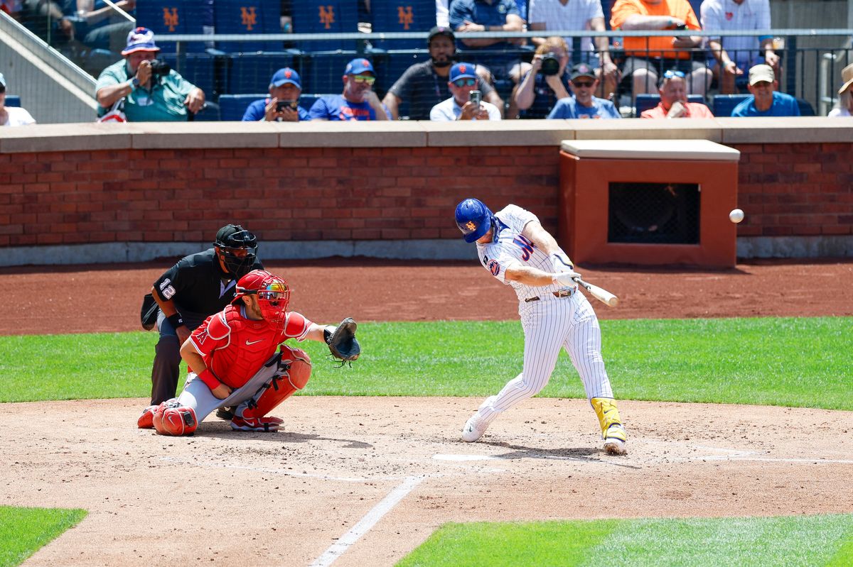 Pete Alonso #20 of the New York Mets hits a home run against the Los Angeles Angels at Citi Field on July 23, 2025 in Flushing, NY.