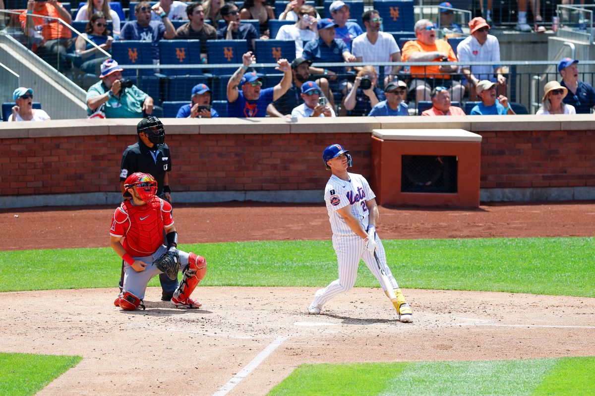 Pete Alonso #20 of the New York Mets hits a home run against the Los Angeles Angels at Citi Field on July 23, 2025 in Flushing, NY.