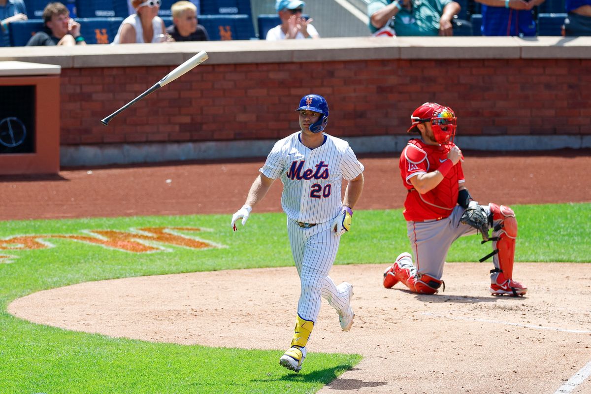 Pete Alonso #20 of the New York Mets hits a home run against the Los Angeles Angels at Citi Field on July 23, 2025 in Flushing, NY.