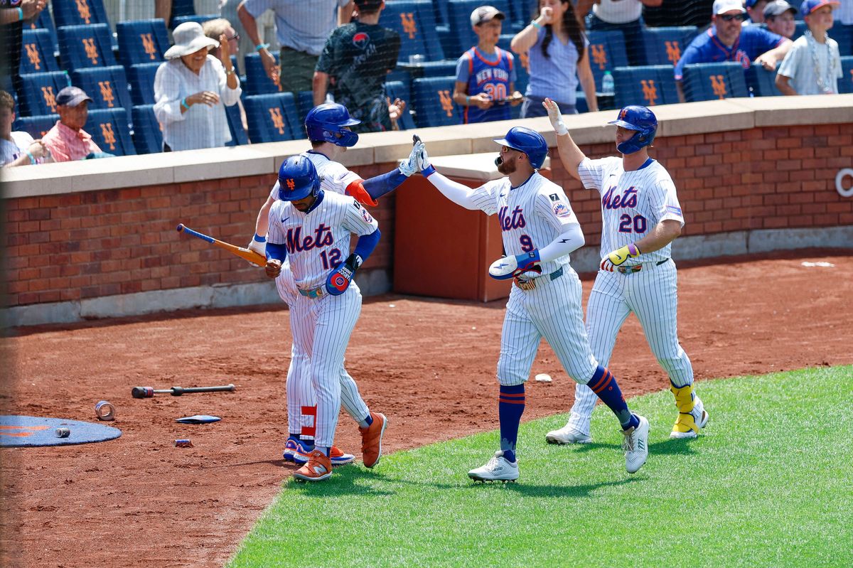 Pete Alonso #20 of the New York Mets celebrates a home run against the Los Angeles Angels at Citi Field on July 23, 2025 in Flushing, NY.
