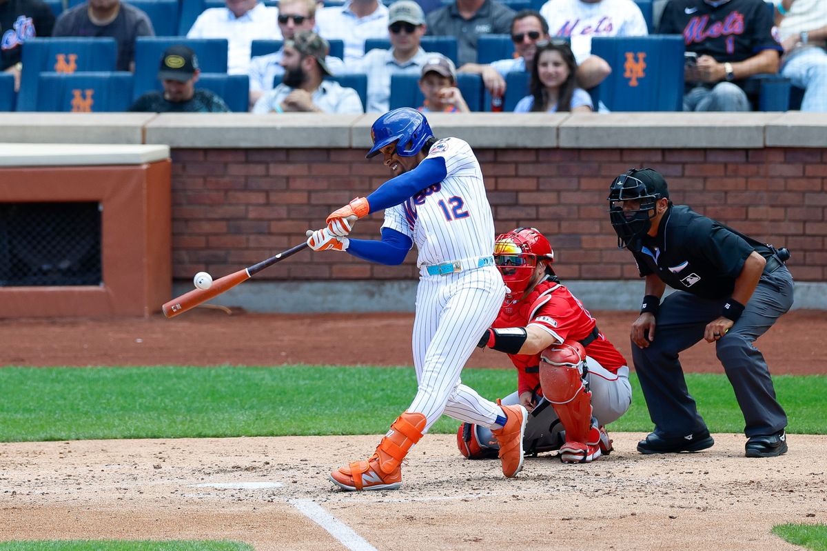 Francisco Lindor #12 of the New York Mets bats against the Los Angeles Angels at Citi Field on July 23, 2025 in Flushing, NY.