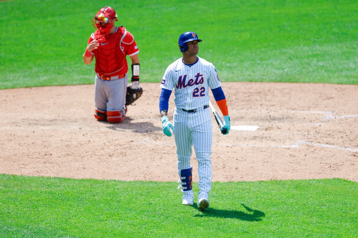 Juan Soto #22 of the New York Mets reacts against the Los Angeles Angels at Citi Field on July 23, 2025 in Flushing, NY.