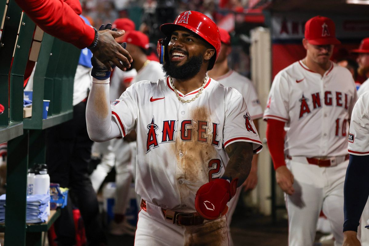 Los Angeles Angels infielder Luis Rengifo (2) celebrates after scoring a run during the MLB game against the Seattle Mariners Thursday July 24th, 2025 at Angel's Stadium in Anaheim, Calif.