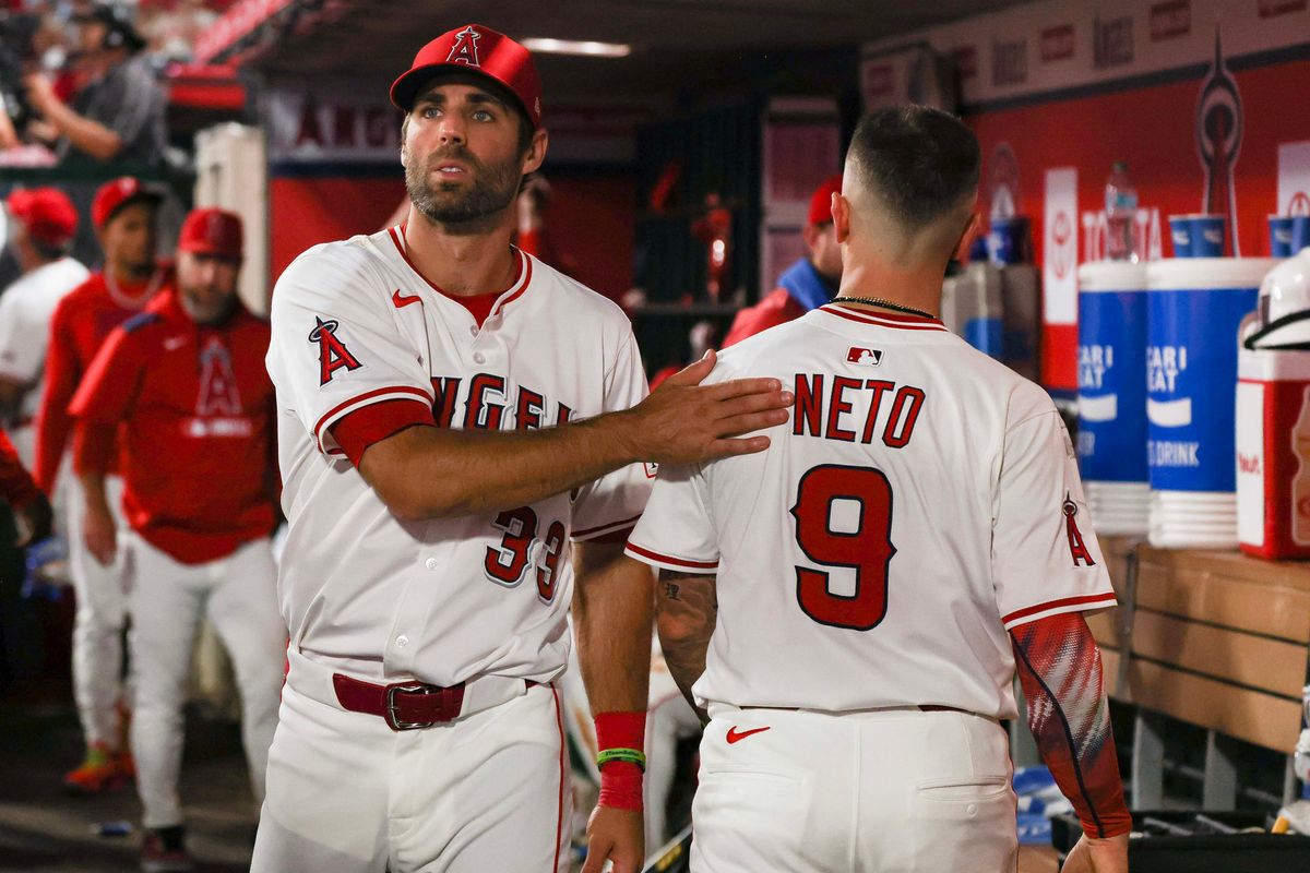 Los Angeles Angels outfielder Chris Taylor (33) in the dugout during the MLB game against the Seattle Mariners Thursday July 24th, 2025 at Angel's Stadium in Anaheim, Calif.