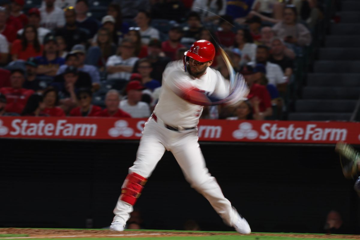 Los Angeles Angels infielder Yoán Moncada (5) swings at a pitch during the MLB game against the Seattle Mariners Thursday July 24th, 2025 at Angel's Stadium in Anaheim, Calif.