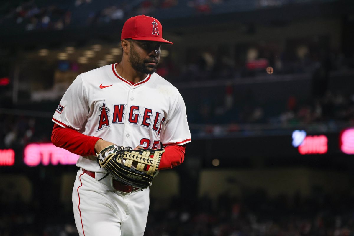 Los Angeles Angels infielder LaMonte Wade Jr. (35) runs into the dugout during the MLB game against the Seattle Mariners Thursday July 24th, 2025 at Angel's Stadium in Anaheim, Calif.