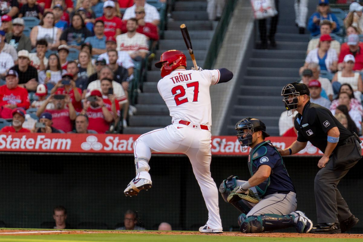 Los Angeles Angels DH Mike Trout (27) at bat during the MLB game against the Seattle Mariners, Friday July 25th, 2025 in Anaheim, California. 