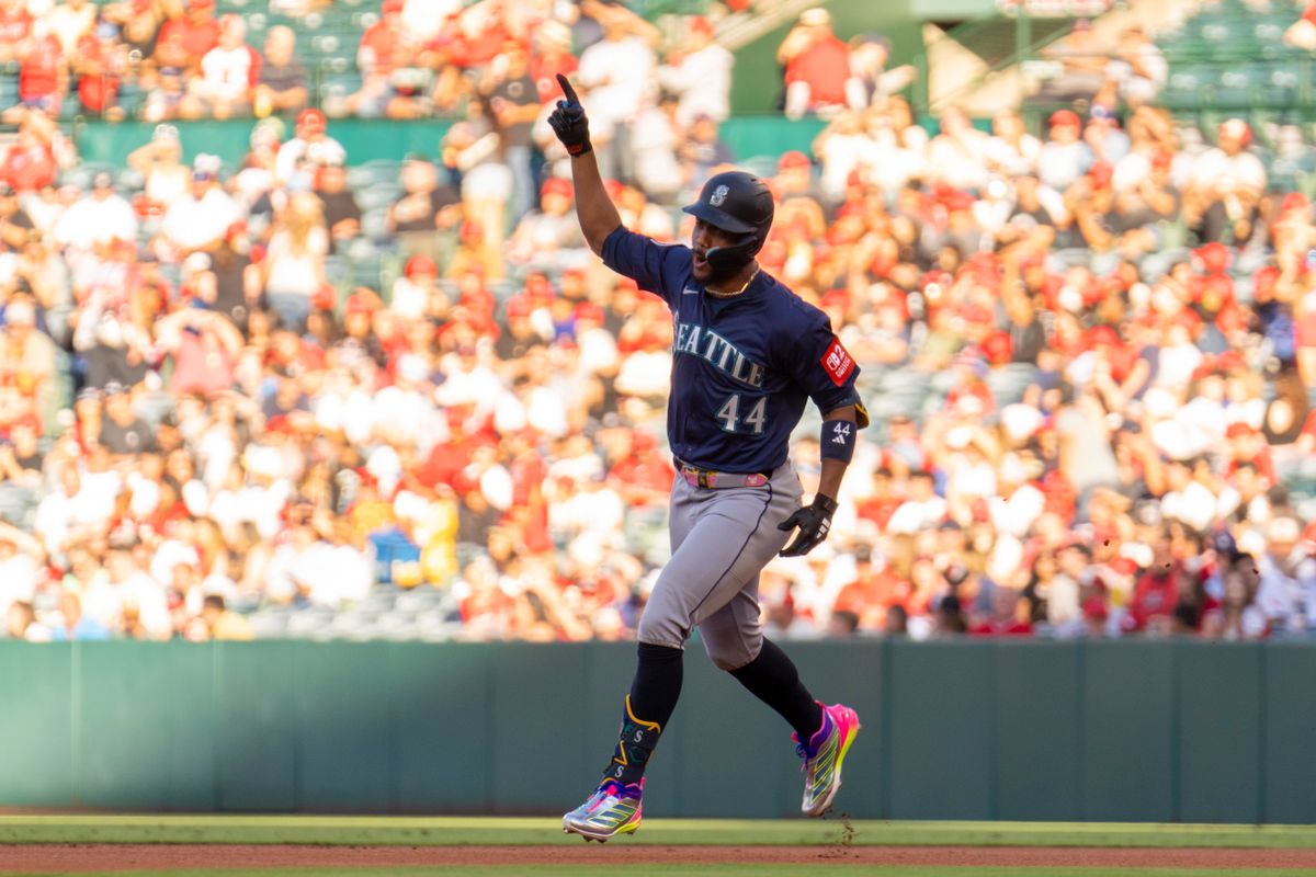 Seattle Mariners outfielder Julio Rodriguez (44) celebrates his first home run during the MLB game against the Los Angeles Angels, Friday July 25th, 2025 in Anaheim, California. 