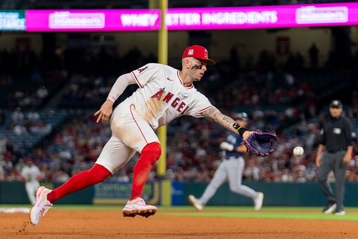 Los Angeles Angels infielder Zach Neto (9) gets the out at third base during the MLB game against the Seattle Mariners, Friday July 25th, 2025 in Anaheim, California. 