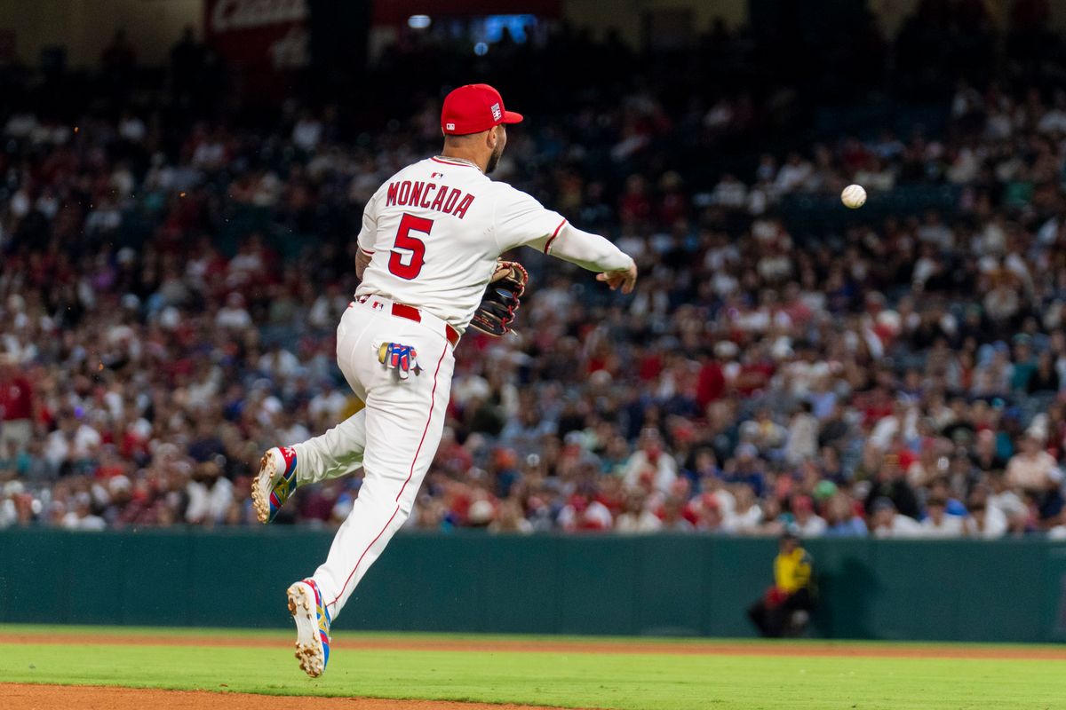 Los Angeles Angels infielder Yoan Moncada (5) gets the out at first base during the MLB game against the Seattle Mariners, Friday July 25th, 2025 in Anaheim, California. 