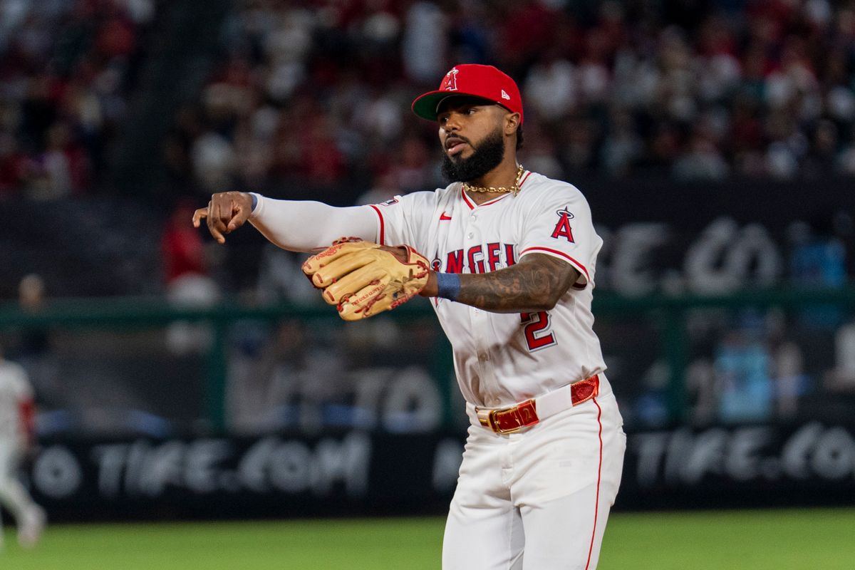 Los Angeles Angels infielder Luis Rengifo (2) gets the out at first base during the MLB game against the Seattle Mariners, Friday July 25th, 2025 in Anaheim, California. 