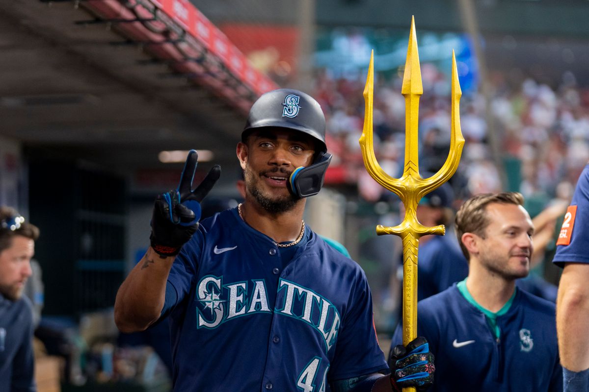 Seattle Mariners outfielder Julio Rodriguez (44) celebrates his second home run during the MLB game against the Los Angeles Angels, Friday July 25th, 2025 in Anaheim, California. 