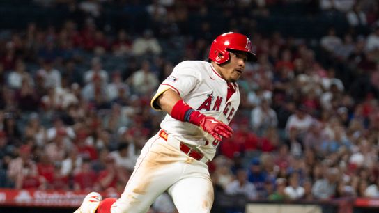 Los Angeles Angels outfielder Gustavo Campero (51) gets a single during the MLB game against the Texas Rangers, Monday July 28th, 2025 in Anaheim, California.