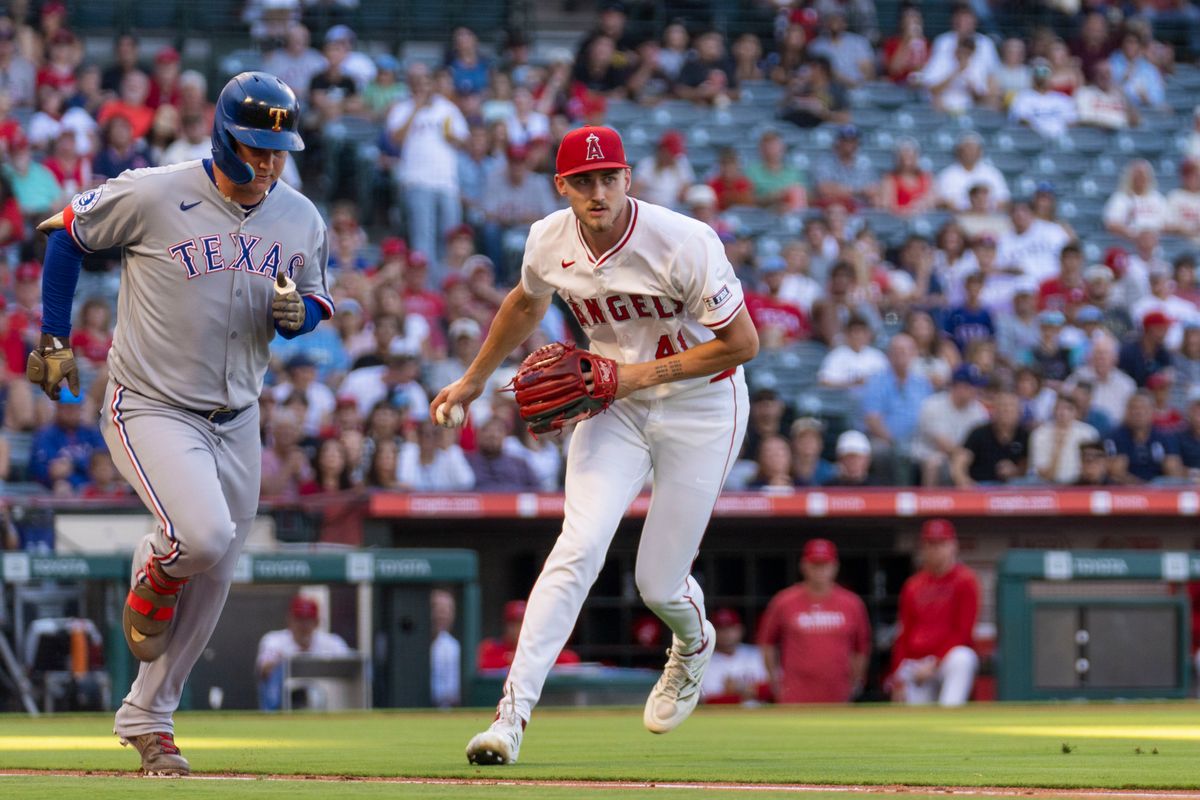 Los Angeles Angels Pitcher Jack Kochanowicz (41) gets the out at first base during the MLB game against the Texas Rangers, Monday July 28th, 2025 in Anaheim, California. Los Angeles Angels Pitcher Jack Kochanowicz (41) gets the out at first base during the MLB game against the Texas Rangers, Monday July 28th, 2025 in Anaheim, California.