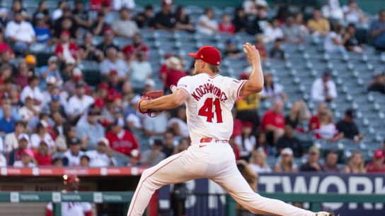 Los Angeles Angels Pitcher Jack Kochanowicz (41) throws a pitch during the MLB game against the Texas Rangers, Monday July 28th, 2025 in Anaheim, California.