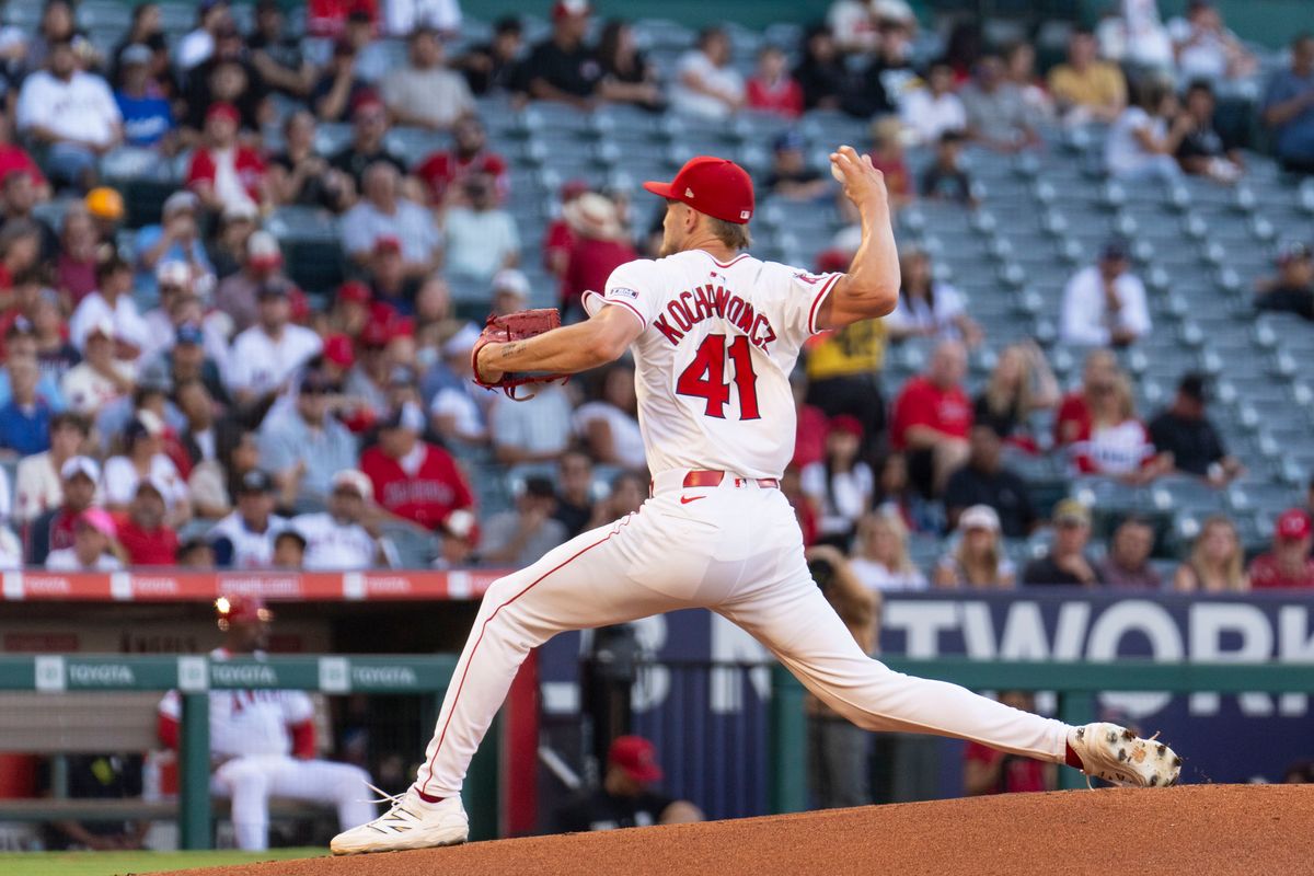 Los Angeles Angels Pitcher Jack Kochanowicz (41) throws a pitch during the MLB game against the Texas Rangers, Monday July 28th, 2025 in Anaheim, California. Los Angeles Angels Pitcher Jack Kochanowicz (41) throws a pitch during the MLB game against the Texas Rangers, Monday July 28th, 2025 in Anaheim, California.