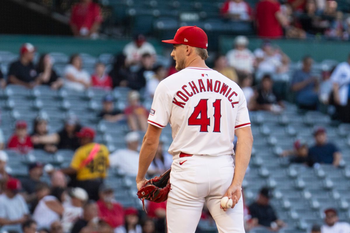 Los Angeles Angels Pitcher Jack Kochanowicz (41) throws a pitch during the MLB game against the Texas Rangers, Monday July 28th, 2025 in Anaheim, California. Los Angeles Angels Pitcher Jack Kochanowicz (41) throws a pitch during the MLB game against the Texas Rangers, Monday July 28th, 2025 in Anaheim, California.