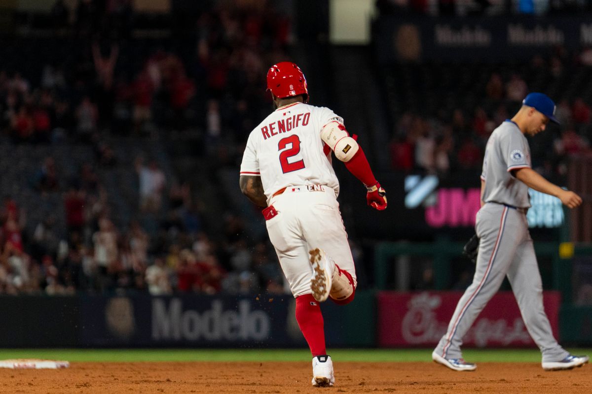 Los Angeles Angels infielder Luis Rengifo (2) hits a home run during the MLB game against the Texas Rangers, Monday July 28th, 2025 in Anaheim, California. Los Angeles Angels infielder Luis Rengifo (2) hits a home run during the MLB game against the Texas Rangers, Monday July 28th, 2025 in Anaheim, California.