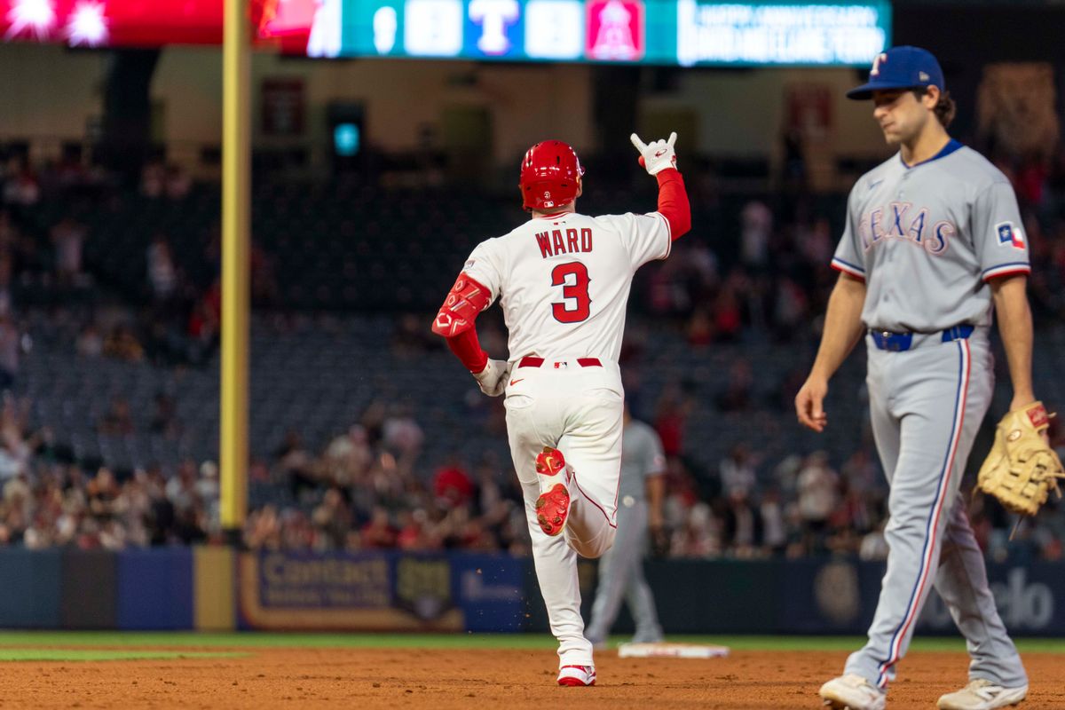 Los Angeles Angels outfielder Taylor Ward (3) celebrates his home run during the MLB game against the Texas Rangers, Monday July 28th, 2025 in Anaheim, California. Los Angeles Angels outfielder Taylor Ward (3) celebrates his home run during the MLB game against the Texas Rangers, Monday July 28th, 2025 in Anaheim, California.