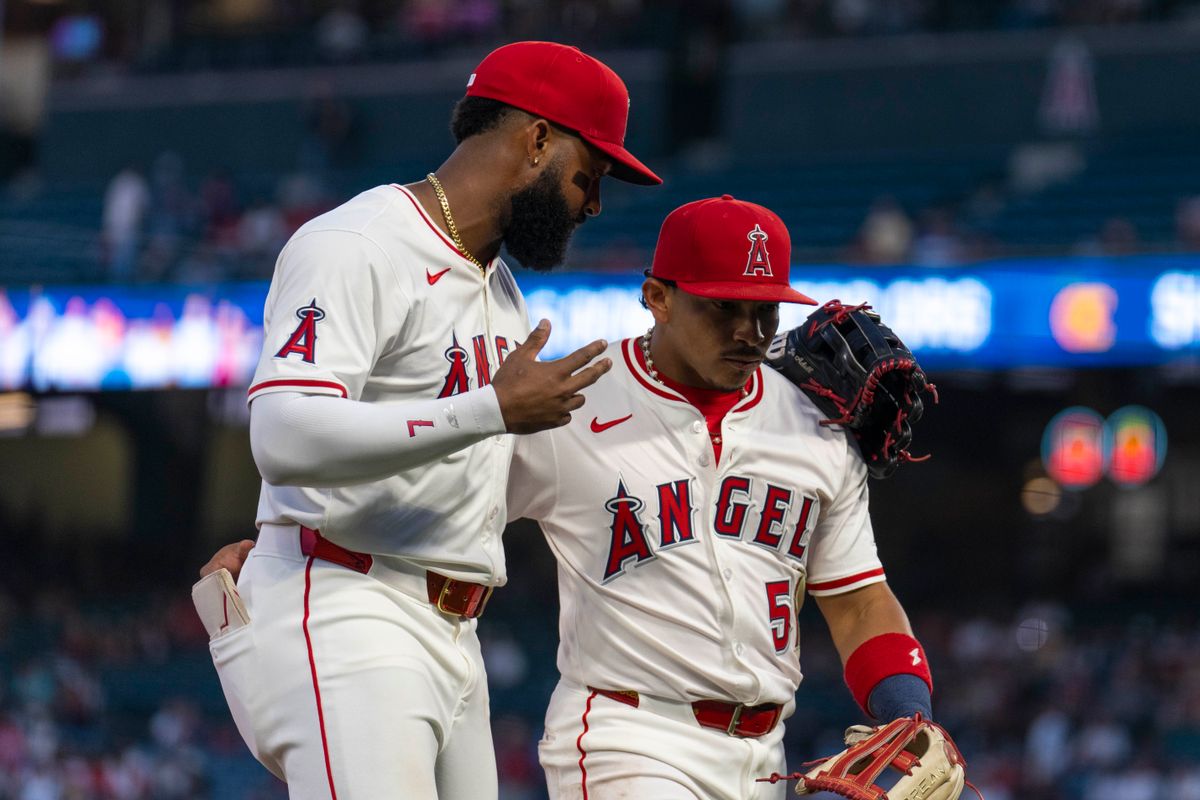 Los Angeles Angels outfielders Jo Adell (7) and Gustavo Campero (51) talk during the MLB game against the Texas Rangers, Monday July 28th, 2025 in Anaheim, California. Los Angeles Angels outfielders Jo Adell (7) and Gustavo Campero (51) talk during the MLB game against the Texas Rangers, Monday July 28th, 2025 in Anaheim, California.