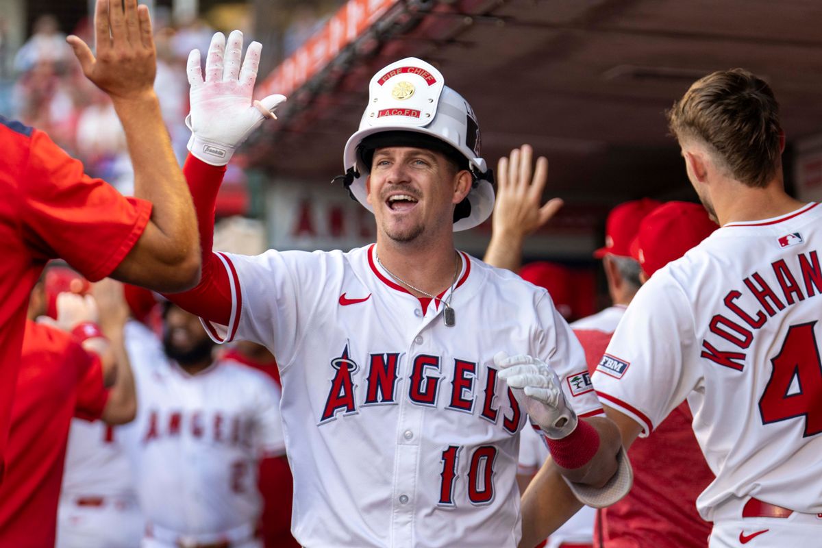 Los Angeles Angels infielder Kevin Newman (10) celebrates his home run during the MLB game against the Texas Rangers, Monday July 28th, 2025 in Anaheim, California. Los Angeles Angels infielder Kevin Newman (10) celebrates his home run during the MLB game against the Texas Rangers, Monday July 28th, 2025 in Anaheim, California.