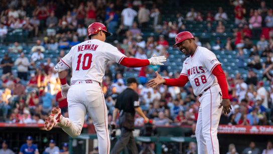 Los Angeles Angels infielder Kevin Newman (10) celebrates his home run during the MLB game against the Texas Rangers, Monday July 28th, 2025 in Anaheim, California.