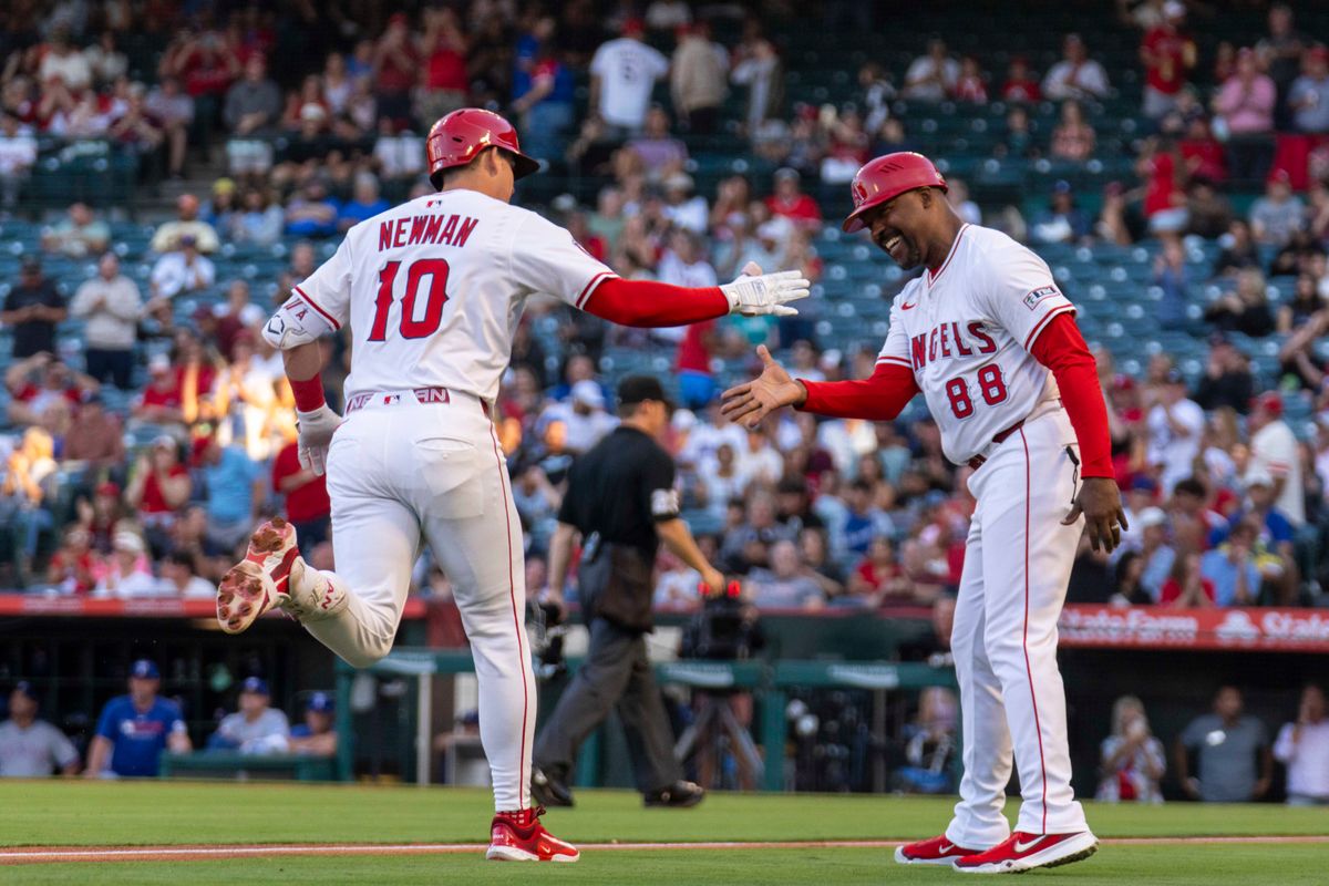 Los Angeles Angels infielder Kevin Newman (10) celebrates his home run during the MLB game against the Texas Rangers, Monday July 28th, 2025 in Anaheim, California. Los Angeles Angels infielder Kevin Newman (10) celebrates his home run during the MLB game against the Texas Rangers, Monday July 28th, 2025 in Anaheim, California.