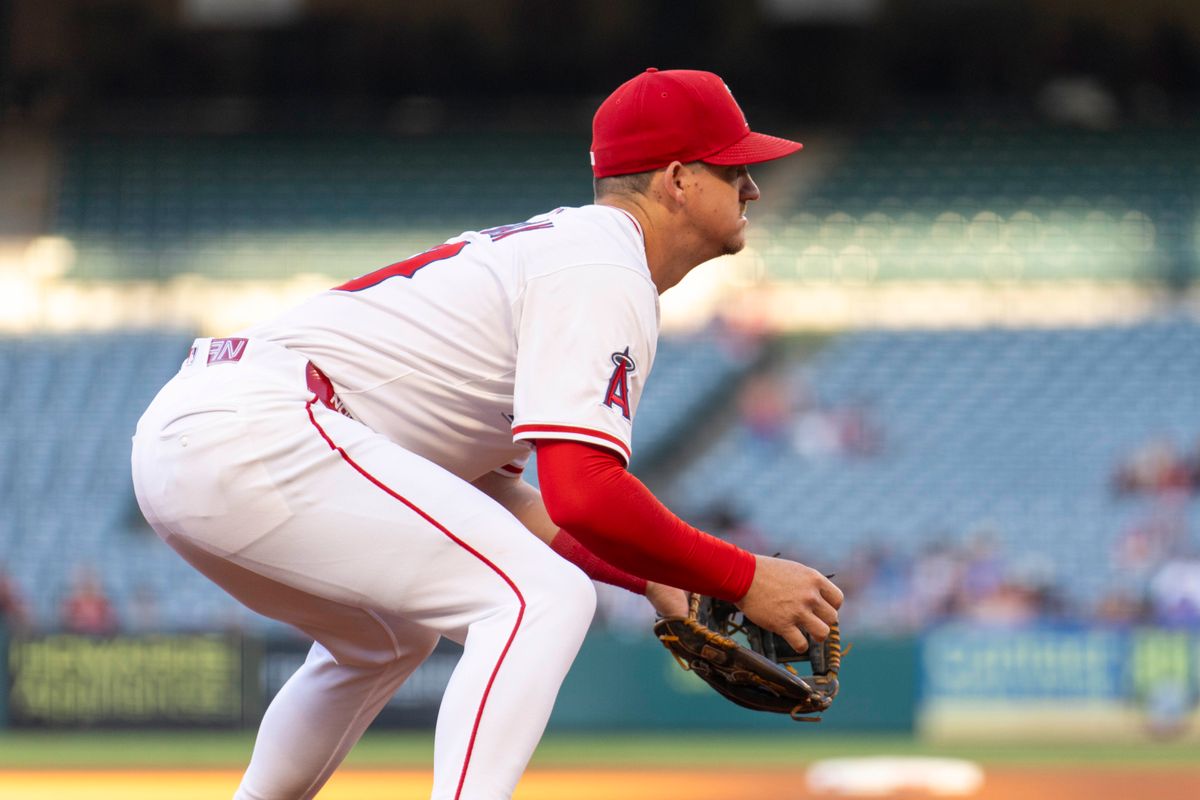 Los Angeles Angels infielder Kevin Newman (10) covers third base during the MLB game against the Texas Rangers, Monday July 28th, 2025 in Anaheim, California. Los Angeles Angels infielder Kevin Newman (10) covers third base during the MLB game against the Texas Rangers, Monday July 28th, 2025 in Anaheim, California.
