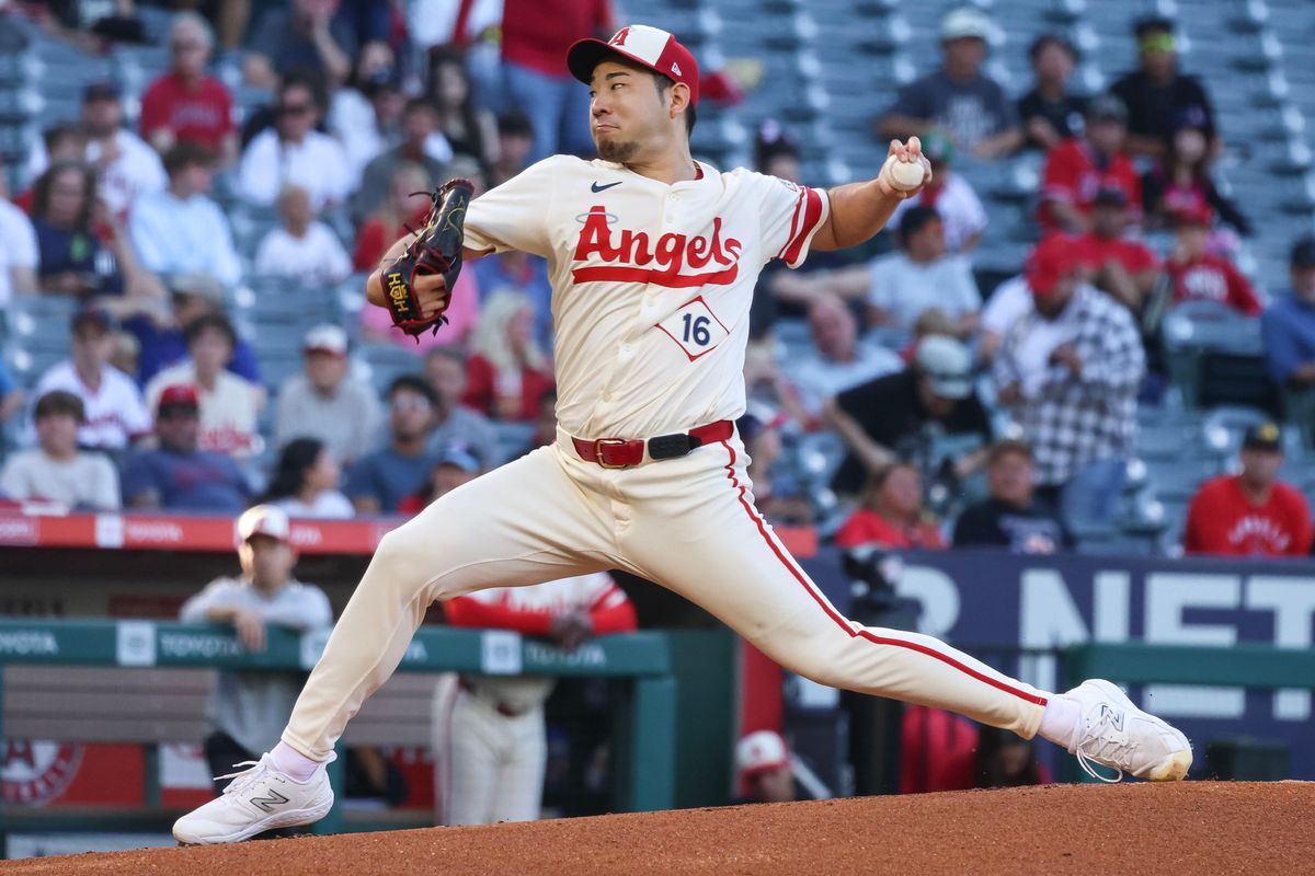 Los Angeles Angels left handed pitcher Yusei Kikuchi (16) delivers a pitch during the MLB game against the Texas Rangers Tuesday July 29th, 2025 at Angel's Stadium in Anaheim, Calif.