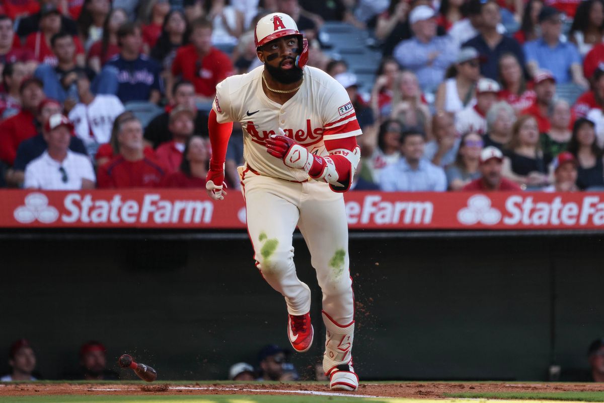 Los Angeles Angels outfielder Jo Adell (7) runs to first base during the MLB game against the Texas Rangers Tuesday July 29th, 2025 at Angel's Stadium in Anaheim, Calif.